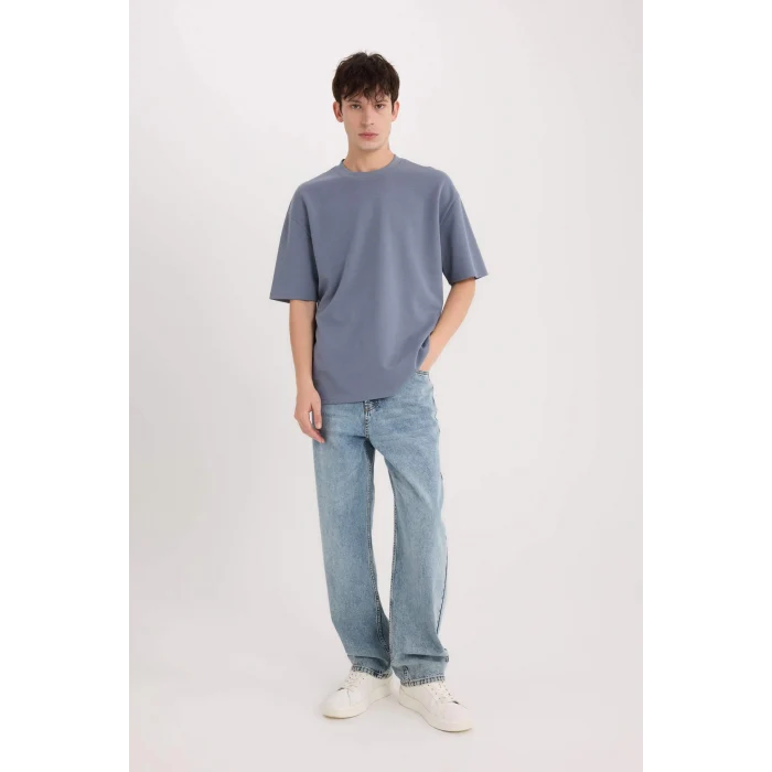 Defacto X3926 Gri Oversize Geniş Kalıp Bisiklet Yaka Kısa Kollu Ağır Kumaş Tişört