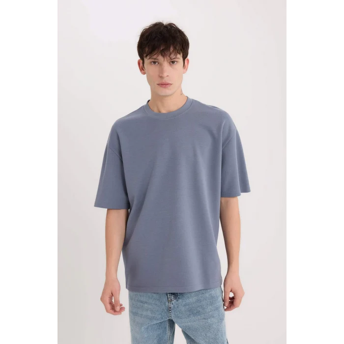 Defacto X3926 Gri Oversize Geniş Kalıp Bisiklet Yaka Kısa Kollu Ağır Kumaş Tişört