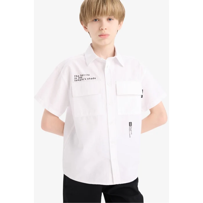 Defacto E5034 Beyaz Erkek Çocuk Oversize Geniş Kalıp Polo Yaka Baskılı Poplin Kısa Kollu Gömlek