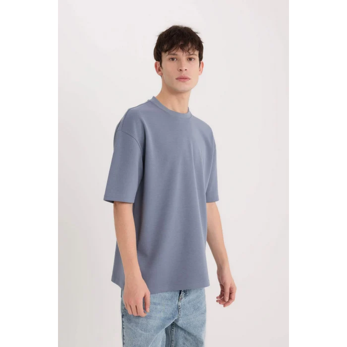 Defacto X3926 Gri Oversize Geniş Kalıp Bisiklet Yaka Kısa Kollu Ağır Kumaş Tişört