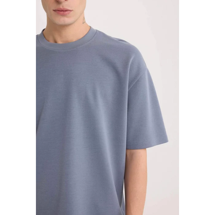 Defacto X3926 Gri Oversize Geniş Kalıp Bisiklet Yaka Kısa Kollu Ağır Kumaş Tişört