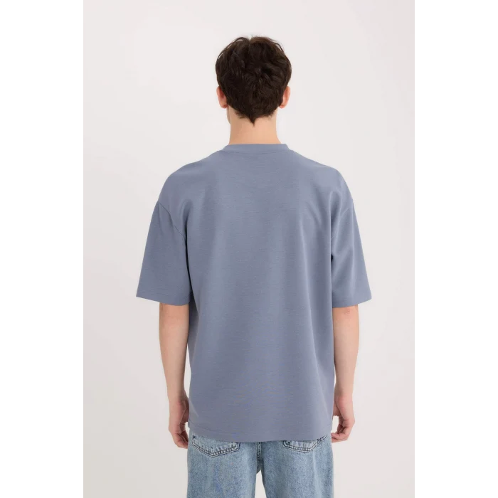 Defacto X3926 Gri Oversize Geniş Kalıp Bisiklet Yaka Kısa Kollu Ağır Kumaş Tişört