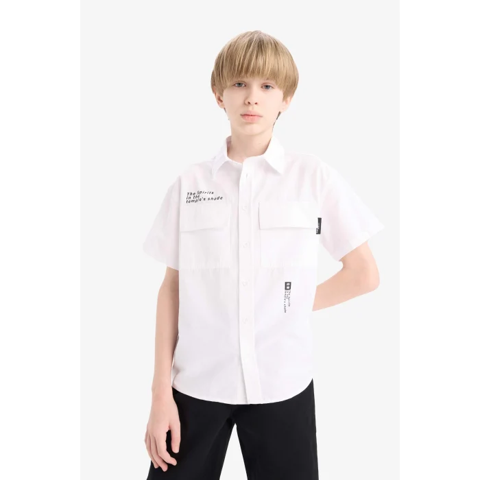 Defacto E5034 Beyaz Erkek Çocuk Oversize Geniş Kalıp Polo Yaka Baskılı Poplin Kısa Kollu Gömlek
