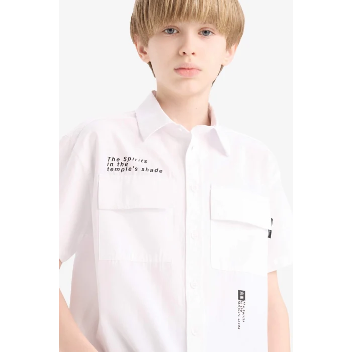 Defacto E5034 Beyaz Erkek Çocuk Oversize Geniş Kalıp Polo Yaka Baskılı Poplin Kısa Kollu Gömlek