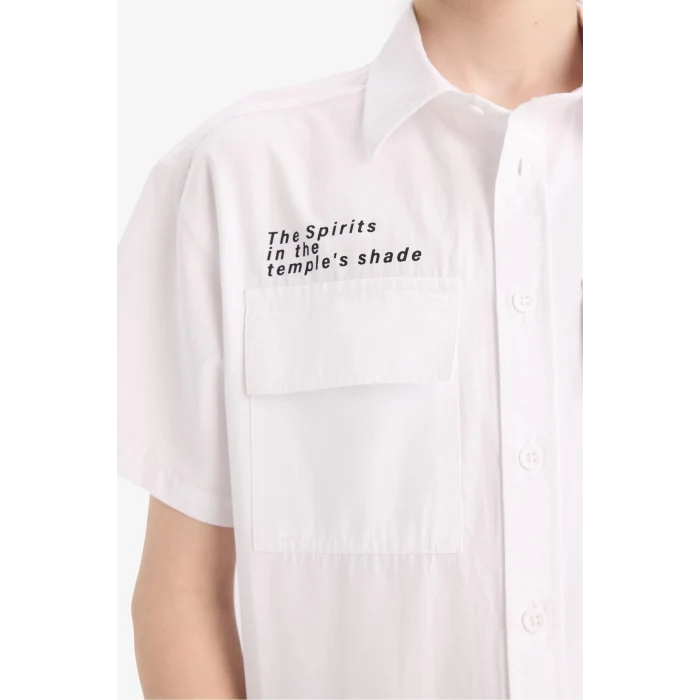 Defacto E5034 Beyaz Erkek Çocuk Oversize Geniş Kalıp Polo Yaka Baskılı Poplin Kısa Kollu Gömlek