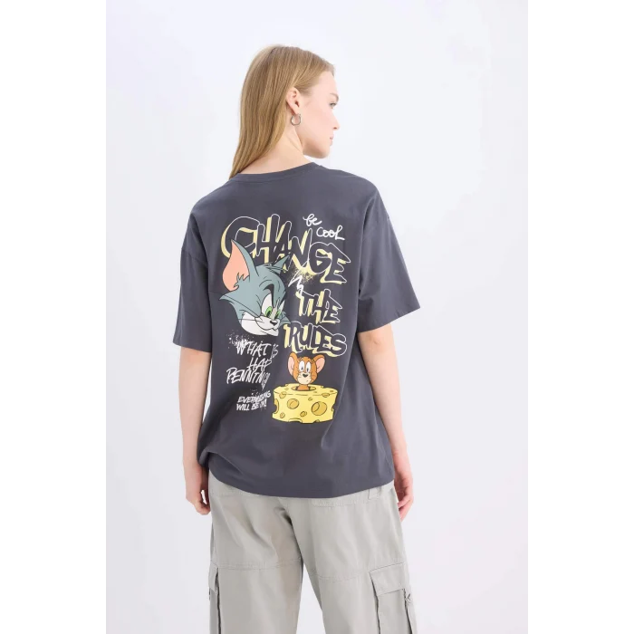 Defacto D9100 Antrasit Coool Tom & Jerry Oversize Geniş Kalıp Bisiklet Yaka Sırt Baskılı Kısa Kollu Tişört