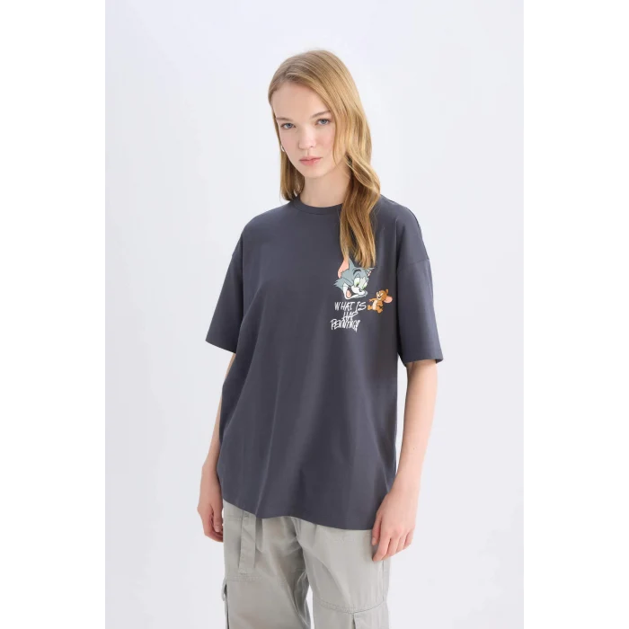 Defacto D9100 Antrasit Coool Tom & Jerry Oversize Geniş Kalıp Bisiklet Yaka Sırt Baskılı Kısa Kollu Tişört