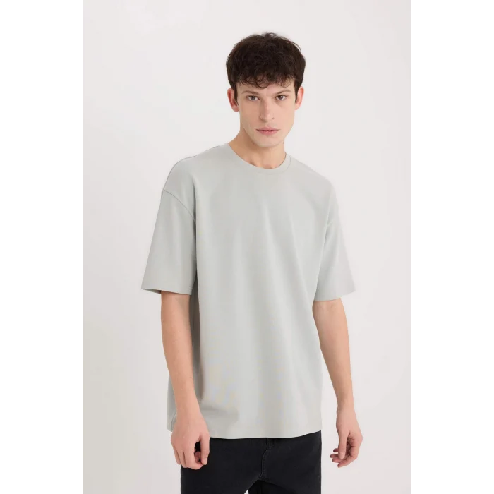 Defacto X3926 Yeşil Oversize Geniş Kalıp Bisiklet Yaka Kısa Kollu Ağır Kumaş Tişört