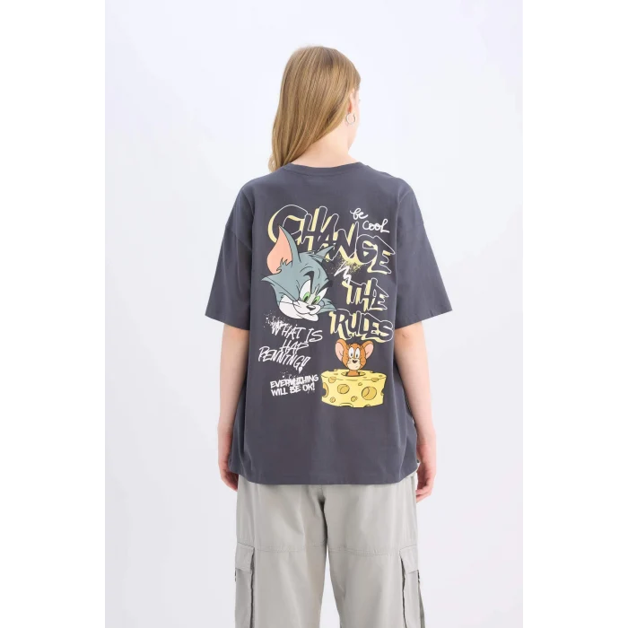 Defacto D9100 Antrasit Coool Tom & Jerry Oversize Geniş Kalıp Bisiklet Yaka Sırt Baskılı Kısa Kollu Tişört