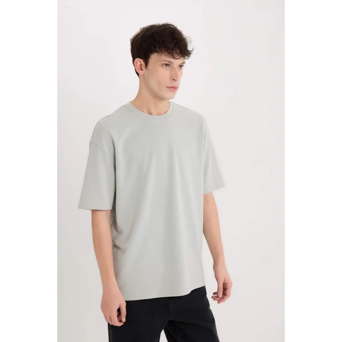 Defacto X3926 Yeşil Oversize Geniş Kalıp Bisiklet Yaka Kısa Kollu Ağır Kumaş Tişört