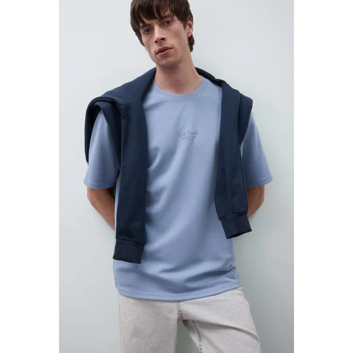 Defacto D5518 Mavi Boxy Fit Bisiklet Yaka Baskılı Kısa Kollu Ağır Kumaş Tişört