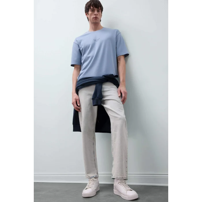 Defacto D5518 Mavi Boxy Fit Bisiklet Yaka Baskılı Kısa Kollu Ağır Kumaş Tişört