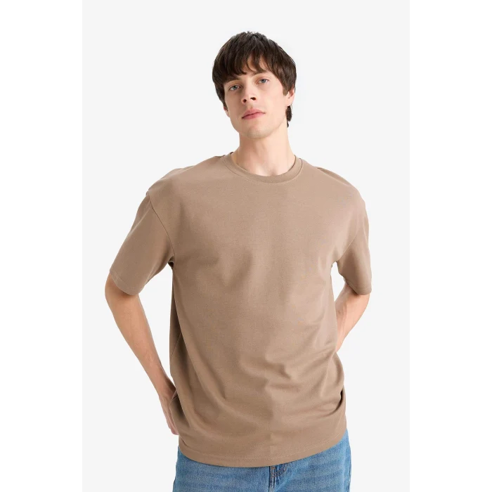 Defacto X3926 Kahve Oversize Geniş Kalıp Bisiklet Yaka Kısa Kollu Ağır Kumaş Tişört