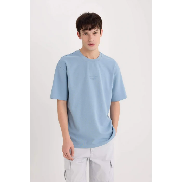 Defacto D5518 Mavi Boxy Fit Bisiklet Yaka Baskılı Kısa Kollu Ağır Kumaş Tişört