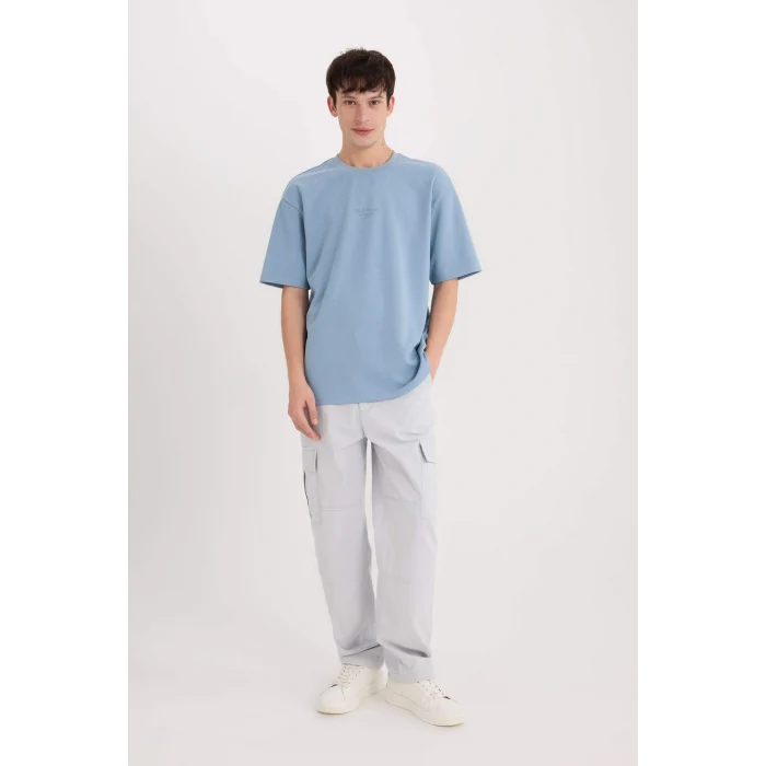 Defacto D5518 Mavi Boxy Fit Bisiklet Yaka Baskılı Kısa Kollu Ağır Kumaş Tişört