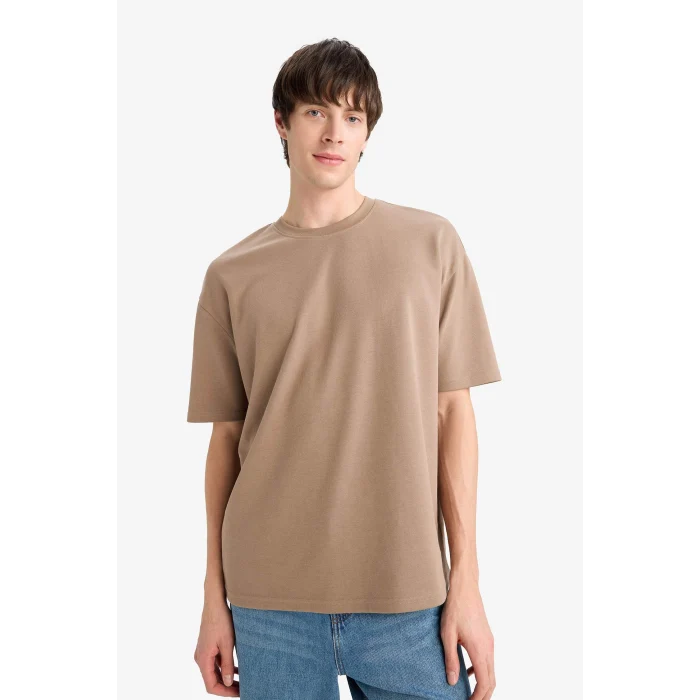 Defacto X3926 Kahve Oversize Geniş Kalıp Bisiklet Yaka Kısa Kollu Ağır Kumaş Tişört