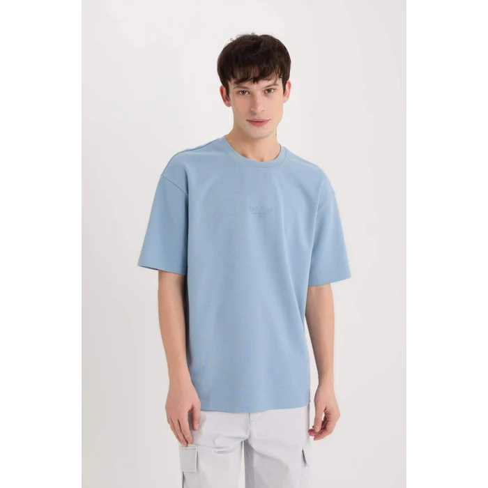 Defacto D5518 Mavi Boxy Fit Bisiklet Yaka Baskılı Kısa Kollu Ağır Kumaş Tişört