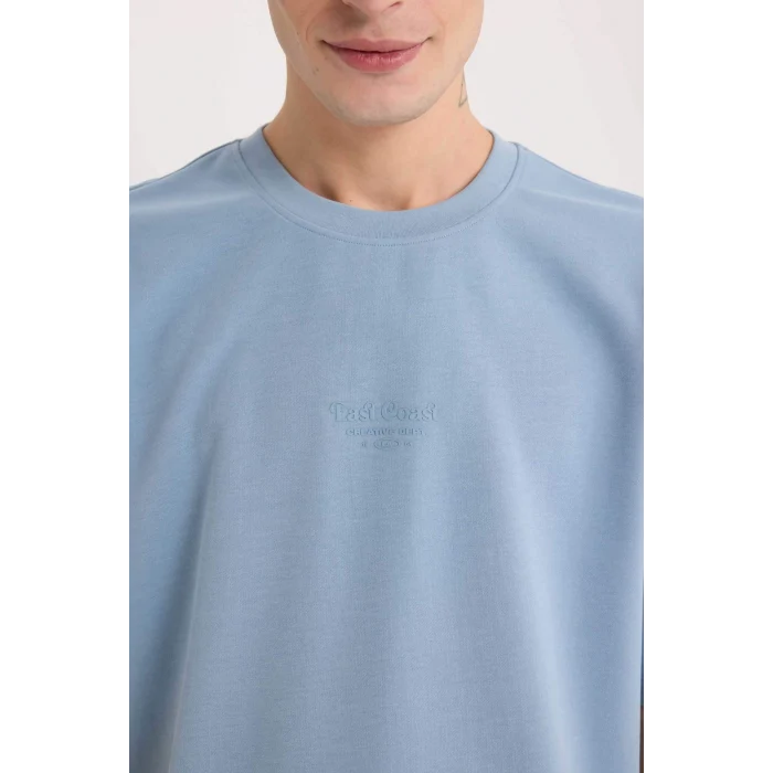 Defacto D5518 Mavi Boxy Fit Bisiklet Yaka Baskılı Kısa Kollu Ağır Kumaş Tişört