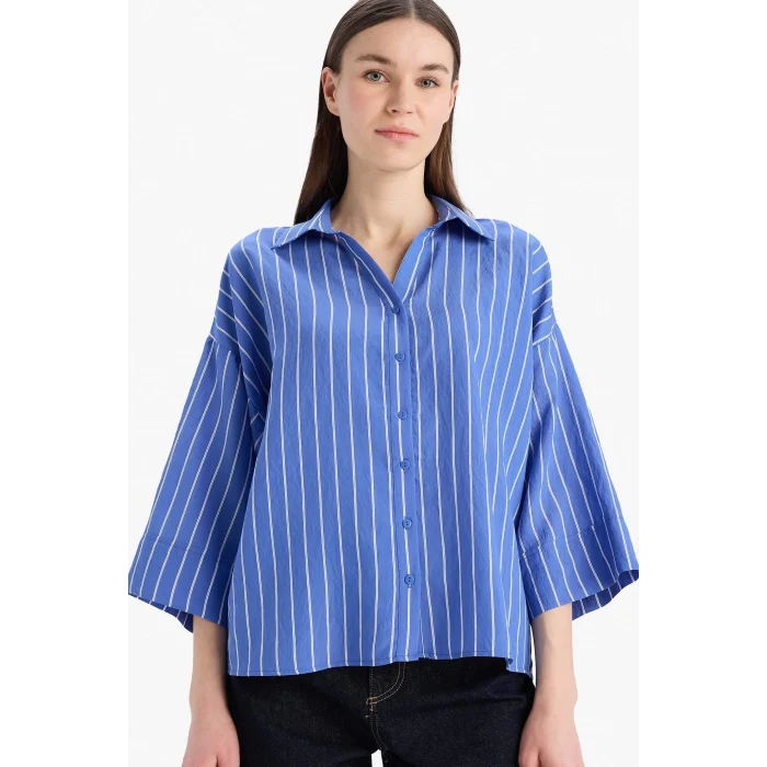 Defacto F0227 Mavi Regular Fit Çizgili Geniş Uzun Kollu Gömlek