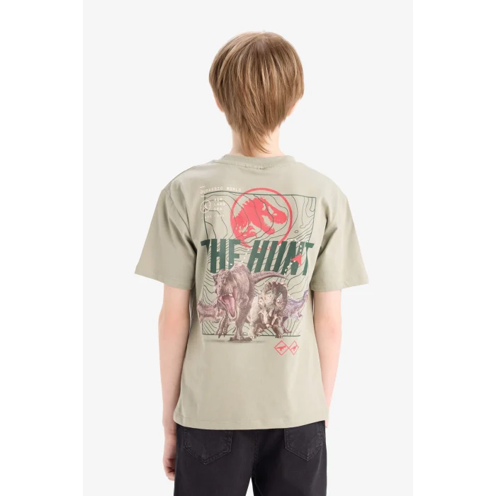 Defacto E3119 Yeşil Erkek Çocuk Jurassic World Bisiklet Yaka Sırt Baskılı Kısa Kollu Tişört