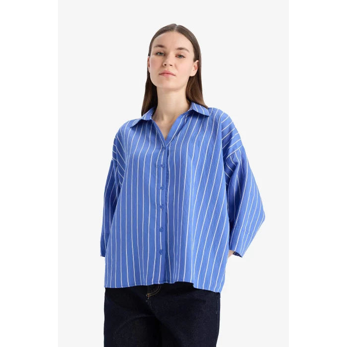 Defacto F0227 Mavi Regular Fit Çizgili Geniş Uzun Kollu Gömlek