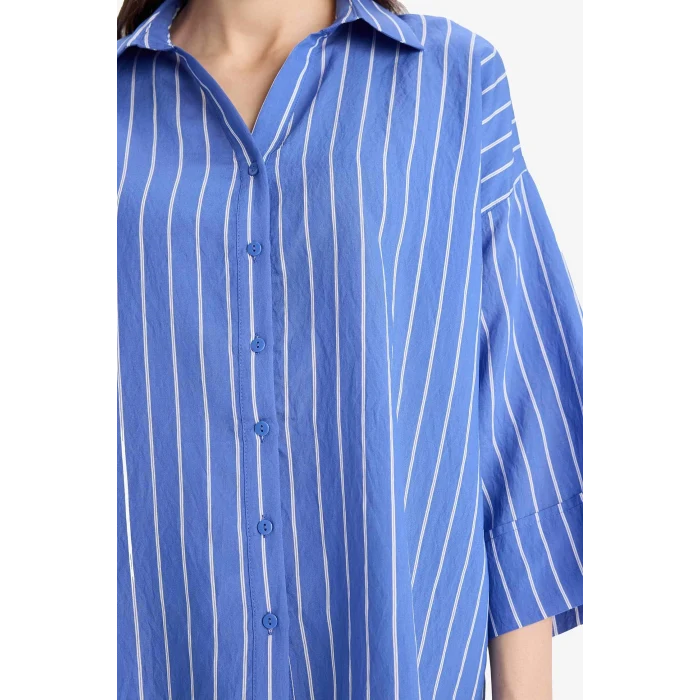Defacto F0227 Mavi Regular Fit Çizgili Geniş Uzun Kollu Gömlek