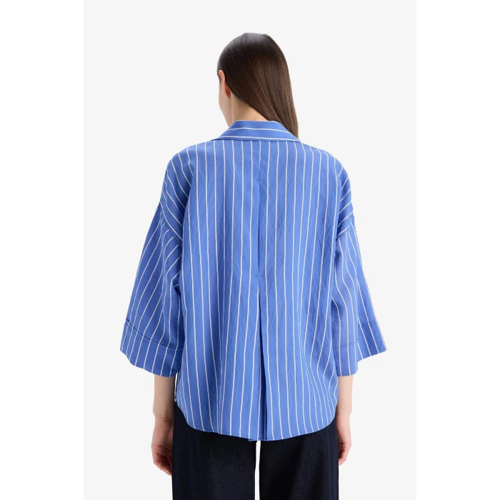 Defacto F0227 Mavi Regular Fit Çizgili Geniş Uzun Kollu Gömlek