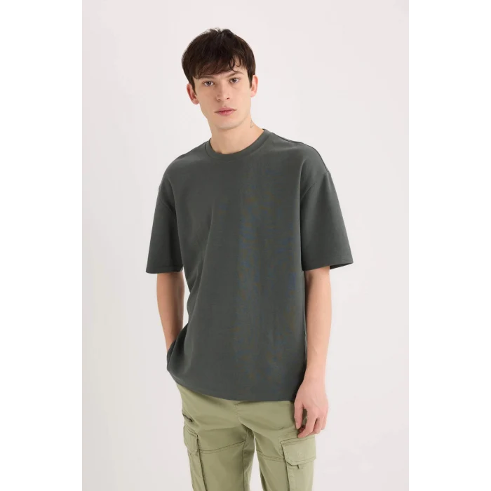 Defacto X3926 Yeşil Oversize Geniş Kalıp Bisiklet Yaka Kısa Kollu Ağır Kumaş Tişört