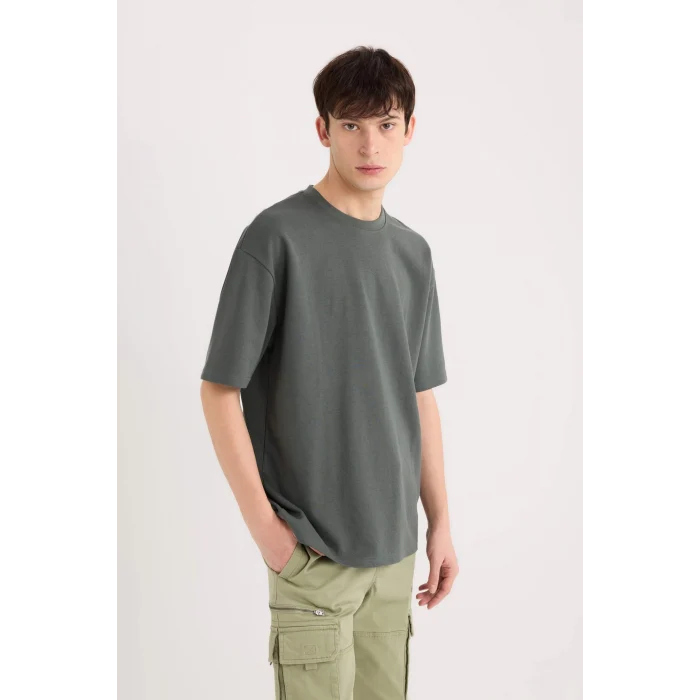 Defacto X3926 Yeşil Oversize Geniş Kalıp Bisiklet Yaka Kısa Kollu Ağır Kumaş Tişört