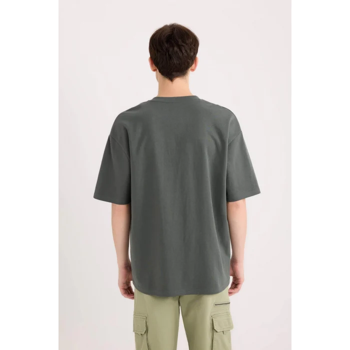 Defacto X3926 Yeşil Oversize Geniş Kalıp Bisiklet Yaka Kısa Kollu Ağır Kumaş Tişört