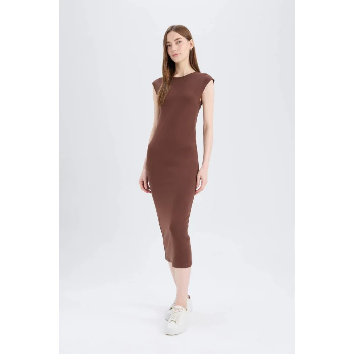 Defacto D5220 Kahve Bodycon Vücudu Saran Bisiklet Yaka Ribana Kısa Kollu Midi Elbise