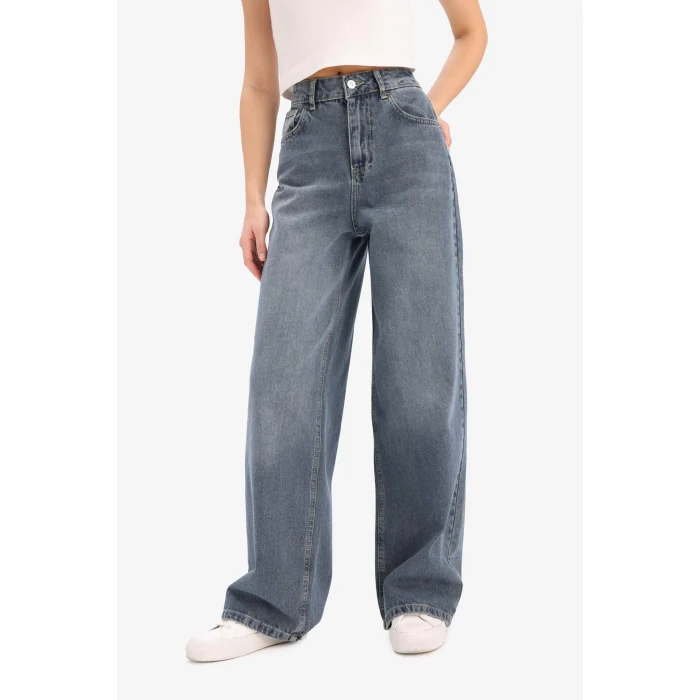 Defacto E4308 Mavi Wide Leg Yüksek Bel Uzun Jean Yıkamalı Pantolon