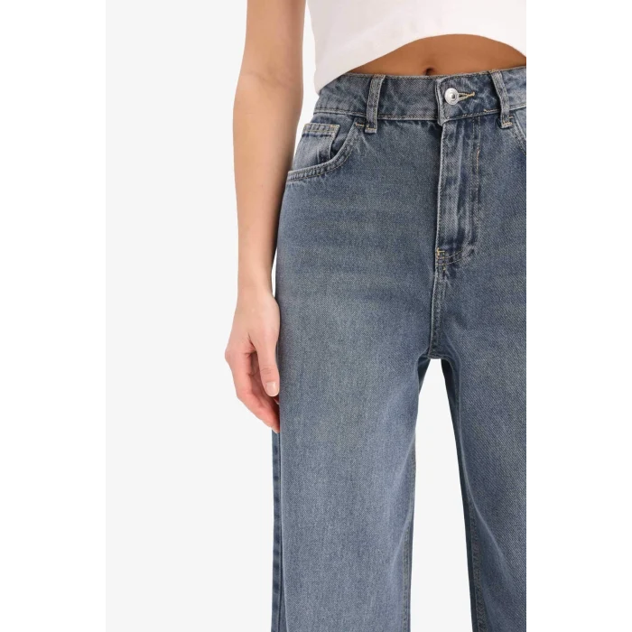 Defacto E4308 Mavi Wide Leg Yüksek Bel Uzun Jean Yıkamalı Pantolon