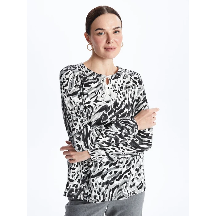 LCW Grace BEYAZ Bağlamalı Yaka Desenli Uzun Kollu Kadın Bluz