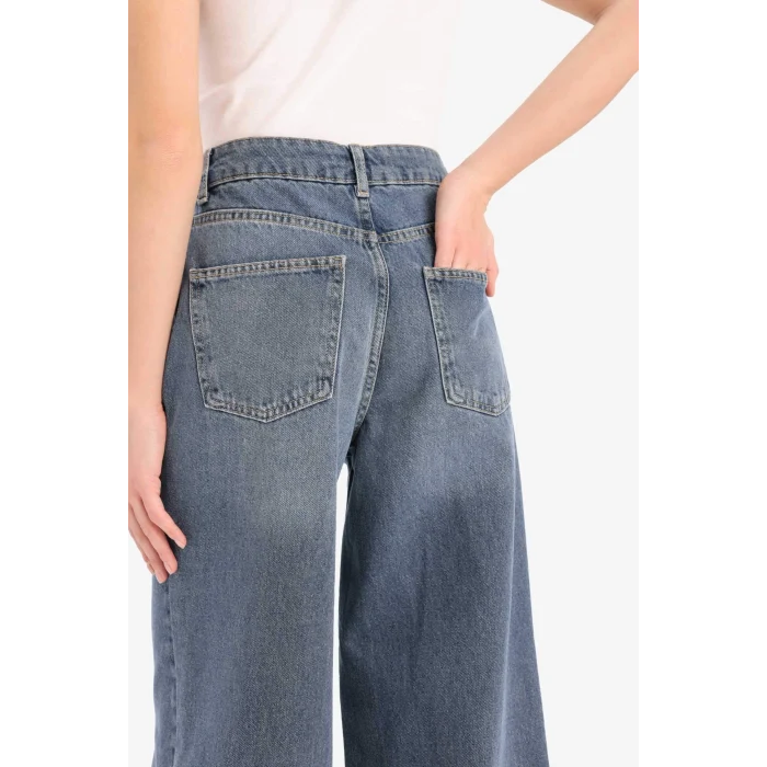 Defacto E4308 Mavi Wide Leg Yüksek Bel Uzun Jean Yıkamalı Pantolon