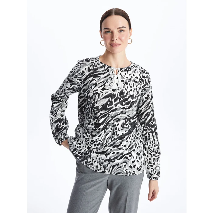 LCW Grace BEYAZ Bağlamalı Yaka Desenli Uzun Kollu Kadın Bluz