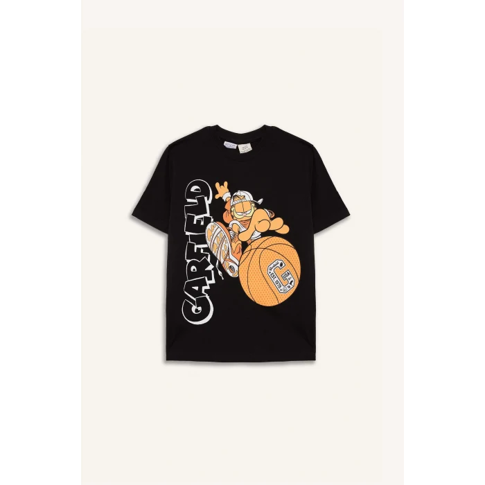 Defacto E3107 Siyah Erkek Çocuk Garfield Bisiklet Yaka Kısa Kollu Tişört