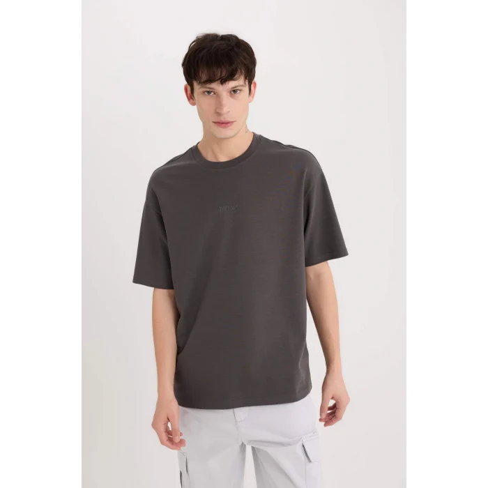 Defacto D9184 Antrasit Boxy Fit Bisiklet Yaka Baskılı Kısa Kollu Ağır Kumaş Tişört