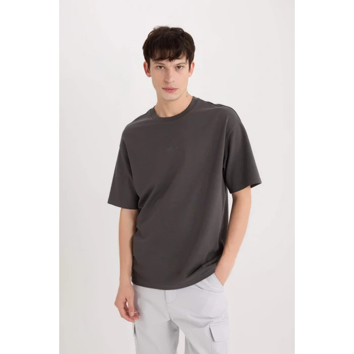 Defacto D9184 Antrasit Boxy Fit Bisiklet Yaka Baskılı Kısa Kollu Ağır Kumaş Tişört
