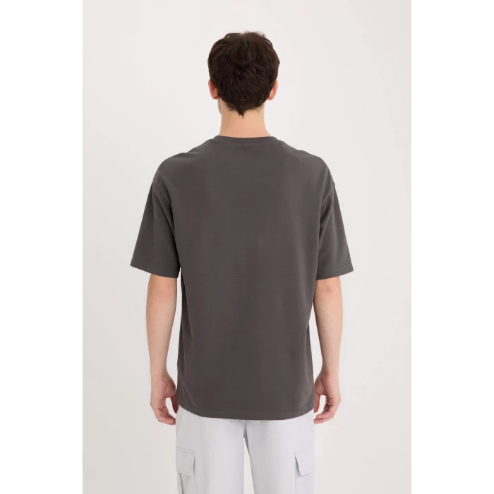 Defacto D9184 Antrasit Boxy Fit Bisiklet Yaka Baskılı Kısa Kollu Ağır Kumaş Tişört