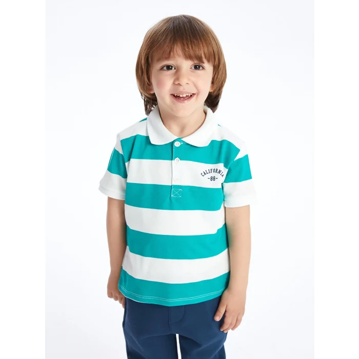 LCW Kids EKRU Polo Yaka Kısa Kollu Çizgili Erkek Bebek Tişört ve Pantolon 2li Takım