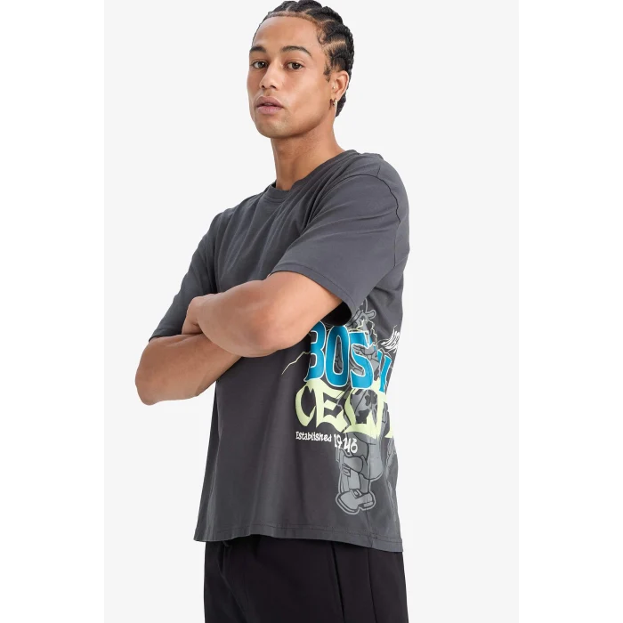 Defacto E0130 Antrasit DeFactoFit NBA Boston Celtics Oversize Geniş Kalıp Bisiklet Yaka Kısa Kollu Tişört