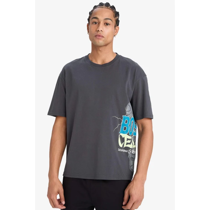 Defacto E0130 Antrasit DeFactoFit NBA Boston Celtics Oversize Geniş Kalıp Bisiklet Yaka Kısa Kollu Tişört