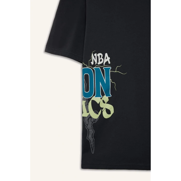 Defacto E0130 Antrasit DeFactoFit NBA Boston Celtics Oversize Geniş Kalıp Bisiklet Yaka Kısa Kollu Tişört