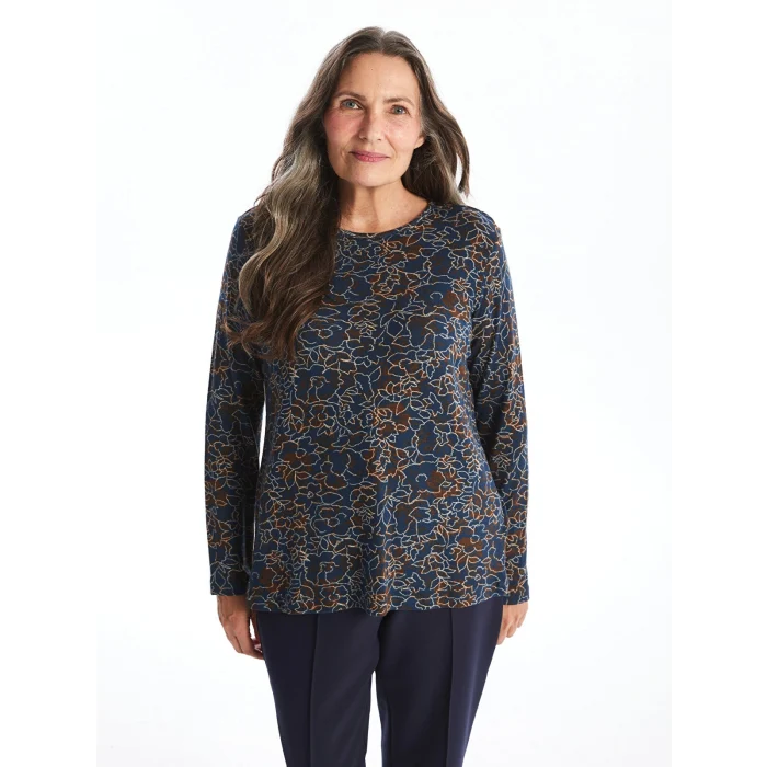 LC WAIKIKI KAHVERENGİ Bisiklet Yaka Desenli Uzun Kollu Kadın Bluz