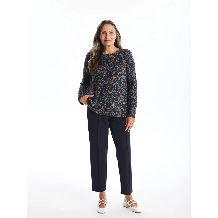 LC WAIKIKI KAHVERENGİ Bisiklet Yaka Desenli Uzun Kollu Kadın Bluz