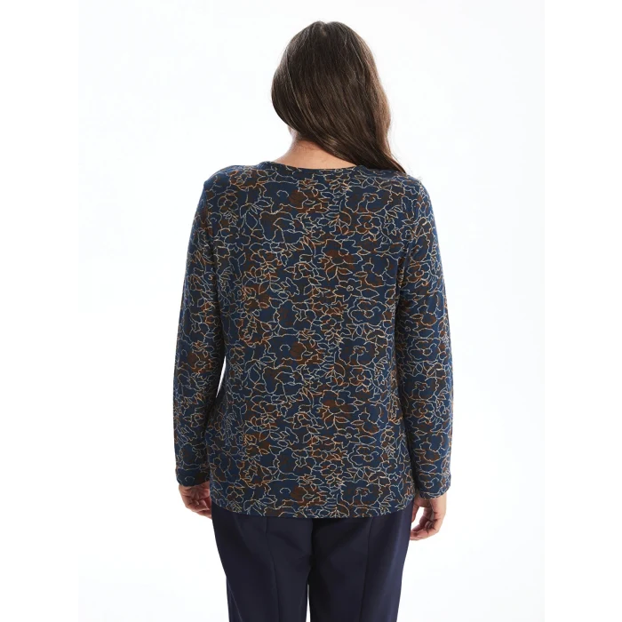 LC WAIKIKI KAHVERENGİ Bisiklet Yaka Desenli Uzun Kollu Kadın Bluz