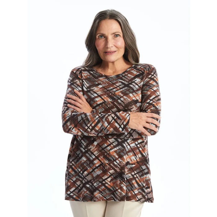 LC WAIKIKI KAHVERENGİ Bisiklet Yaka Desenli Uzun Kollu Kadın Bluz