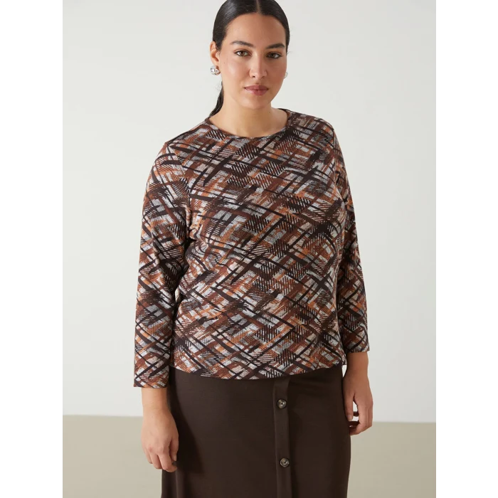 LC WAIKIKI KAHVERENGİ Bisiklet Yaka Desenli Uzun Kollu Kadın Bluz