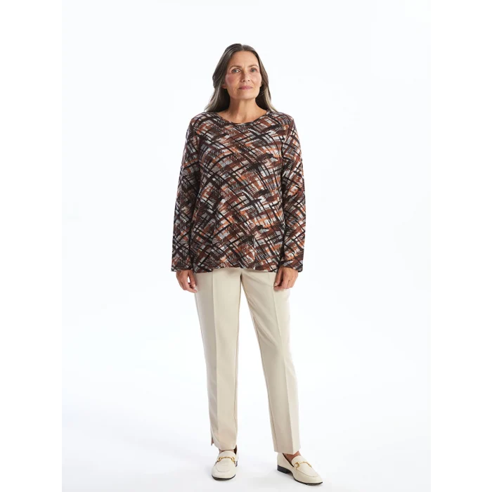 LC WAIKIKI KAHVERENGİ Bisiklet Yaka Desenli Uzun Kollu Kadın Bluz